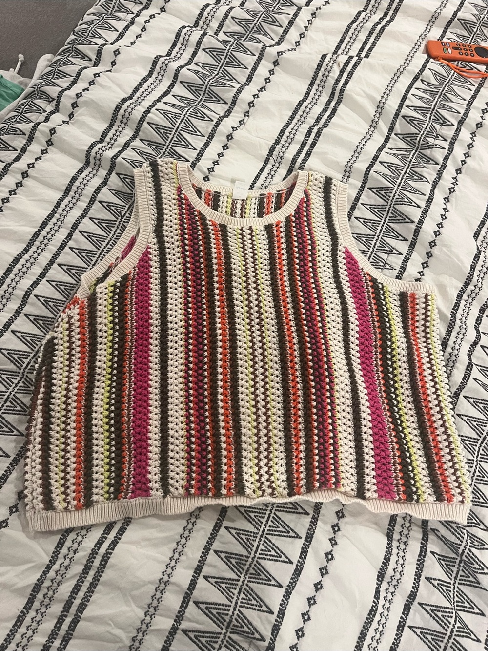 Old Navy Cream Crochet Tank with Orange, Brown, Lime & Pink Stripes